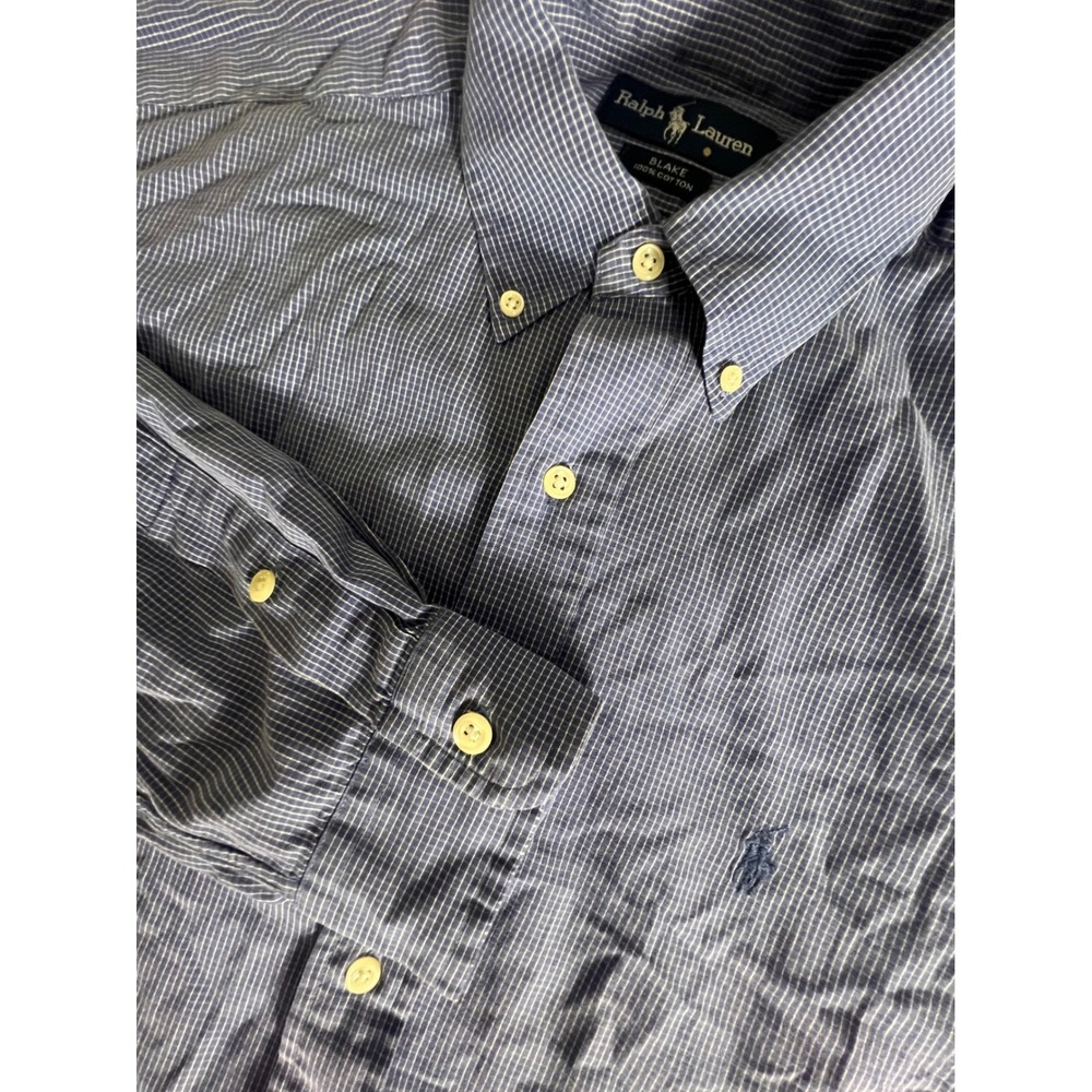 Polo Ralph Lauren Blake Mens Medium Blue White Micro Check Cotton Button Down